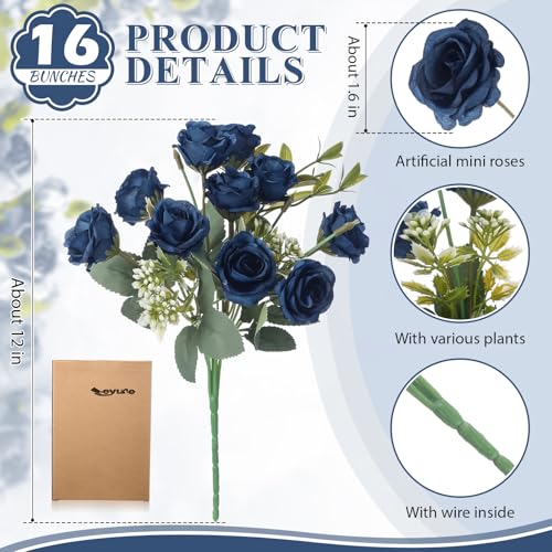 Zeyune 16 Bunches 12 Inch Artificial Mini Rose Bouquet 160 Heads Bridal Flower Bouquets Fake Silk Rose Bulk for Valentine's Day Wedding Bridal Shower Home Office Garden(Dark Blue) - color: Dark Blue