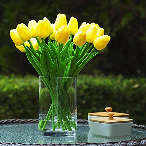 20 Pieces Artificial Real Touch Tulips Flower Arrangement in Glass Vase with Faux Water for Home Decoration (Yellow) - color: Yellow