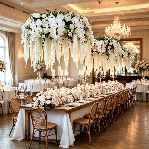 5Pcs Dried Amaranthus Hanging Flowers, 53" Neon Green Preserved Natural Wisteria for Wedding Arch, Table Centerpiece, Wall Hanging Lover Tears, Floral Arrangement (White) - color: White