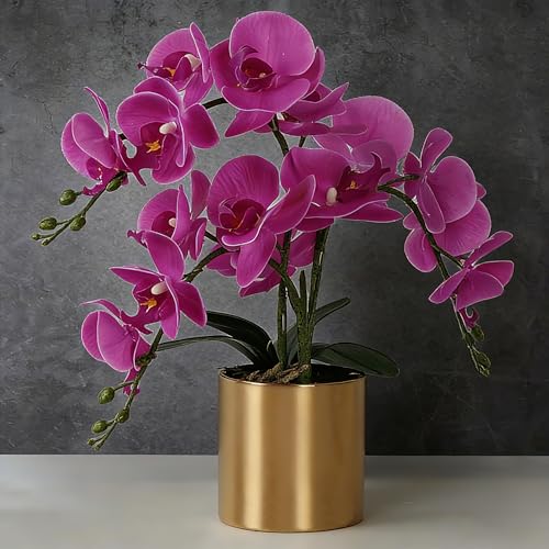 LESING Artificial Orchid Flower with Vase, White Orchid Bonsai Faux Orchid Phalaenopsis Plant Pot Arrangements for Home Decoration (Purple,Gold Vase) - color: Purple,gold Vase