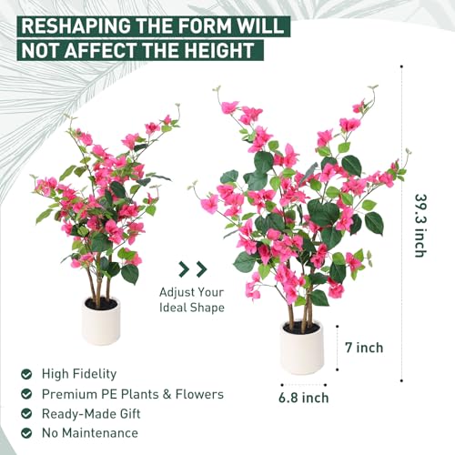 YEPDIN 39.4 inch Artificial Bougainvillea Tree，Faux Flowers Plants with White Decorative Planter,Fake Tree for Living Room,Porch, Garden, Indoors & Outdoors,M100