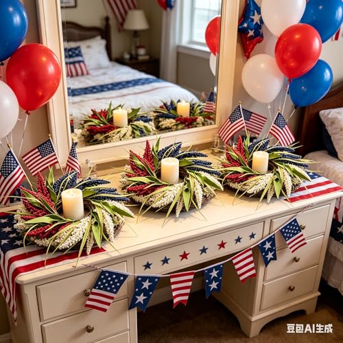 6 Pcs Small 4th of July Hanging Wreaths for Cabinets Patriotic Red White Blue Artificial Ear of Wheat Ring Small Pillar Candle Holder Wreath for Independence Day Memorial Day Porch Front Door - color: Patriotic-3