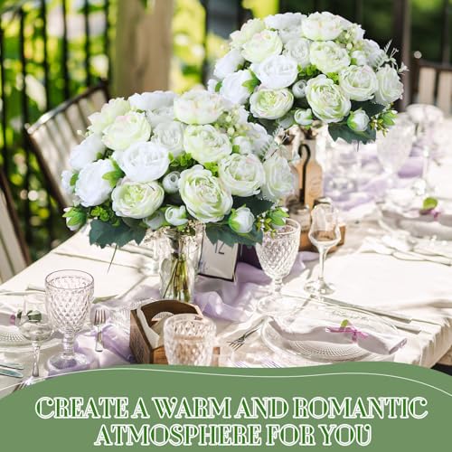 Geosar 8 Bundles Artificial Peonies Flowers Fake Silk Peony Bouquet Faux Peonies Flowers Bulk for Decoration Vase Floral Arrangements Wedding Party Table (White,Green) - color: White, Green