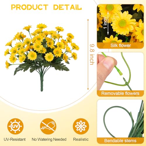 Ammyoo Fake Mums Artificial Flowers for Outdoor Decoration, 6 Bundles Faux Silk Daisy Flowers Realistic UV Resistant No Fade Fake Plants for Home Patio Porch Garden Window Box Decor(Yellow) - color: Yellow