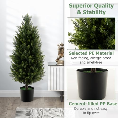 Goplus 3FT Artificial Topiary Cedar Tree, Faux Potted Plants Artificial Cypress Tree with Cement Plastic Pot, Fake Evergreen Artificial Topiary for Indoor Outdoor Home Front Porch Decor - size: 3ft 2in