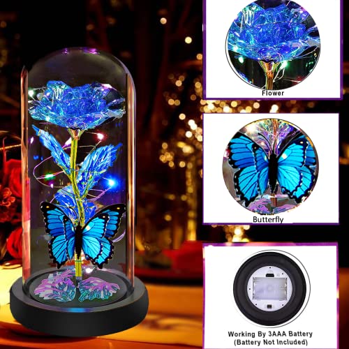 Mothers Day Rose Flower Gifts for Mom, Birthday Gifts for Women, Galaxy Crystal Light Up Rose Flowers in A Glass Dome, Mother Day Presents Wife Grandma Sister Her Mom from Daughter Butterfly Blue - color: A-blue