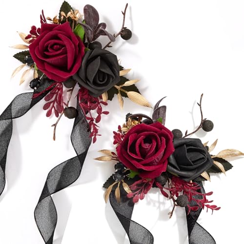 Alecono Set of 2 Wrist Corsage for Wedding, Burgundy and Black Corsages for Bride Bridesmaid, Artificial Flowers for Prom Graduation Ceremony Anniversary - color: Burgundy, size: Wrist Corsage 2pcs