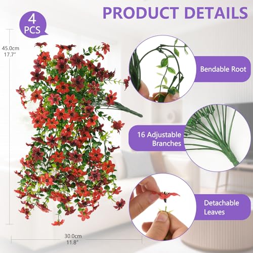 Artificial Hanging Baskets Outdoor, 4 Bundles Artificial Hanging Flowers Outdoors Spring Summer Decoration, No Fade Realistic Fake Hanging Baskets for Porch Patio Balcony Home Yard Decor - color: Red Brown