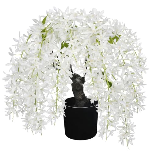 Artificial Flowers 13.8" Tall with Silk Wisteria White Flower Arrangement and Realistic Wood Fake Bonsai Tree Plants Faux Plants for Spring Home Bedroom Office Bathroom Coffee Table Centerpiece Decor - color: White-13.8