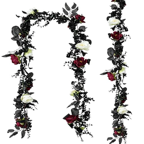 CQURE 2Pack Eucalyptus Garland,Artificial Eucalyptus Leaves Flowers Table Greenery Garland Wreath Vines for Wedding Party Fireplace Bedroom Room Decor - size: 17.7 Ft with Flowers-Black