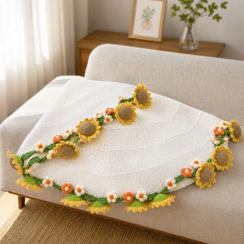 Crochet Flower Bouquet Throw Blanket, Cute Romantic Gift for Her Girlfriend Mom Mother’s Day Valentine Wedding Anniversary Birthday (White Sunflower, 60 inches) - color: White Sunflower, size: 60 inches