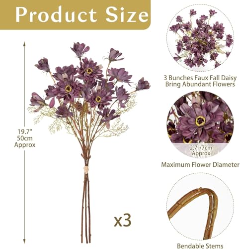 3 Bunches Artificial Daisy Flowers with Stems for Autumn Flower Arrangements, 20" Fake Burgundy Chrysanthemums Silk Flowers for Fall Floral Decor, Faux Wildflowers Mums Sprays for Centerpiece, Purple - color: Purple