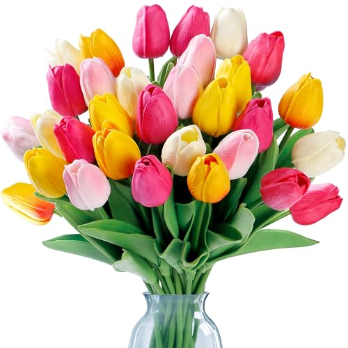 Sggvecsy 15 Pcs Fake Tulips Artificial Flowers Real Touch PU Faux Flowers Tulip Stems for Wedding Spring Bouquet Floral Arrangement Home Office Party Decorations for Mother's Day (Multi Colors) - color: Mixed 2, size: 15 Pcs