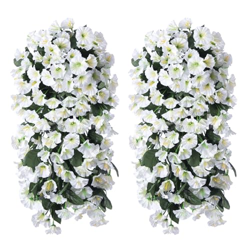 florisso ArtificialFlowers for Outdoor Decor, 2 Pcs Fake Silk White Morning Glory Long Vines UV Resistant Look Real for Home Porch Patio Balcony Planter Decoration - color: White