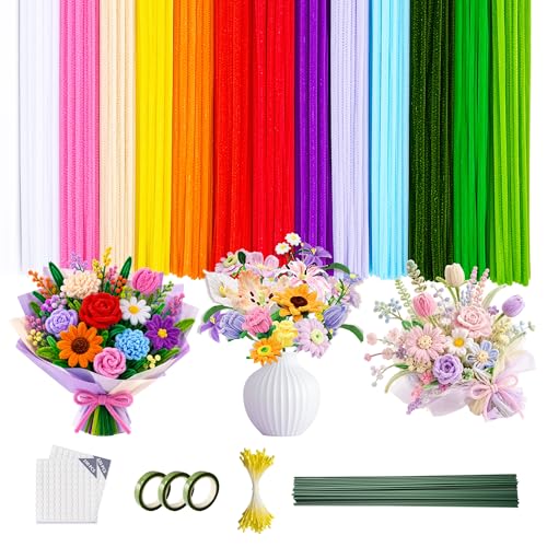 572 PCS Pipe Cleaners Flower Kit, 13 Colors Chenille Stems with Floral Wires, Stamen, Tapes, Dot Glue, Instruction, White Box – DIY Craft Set for Handmade Pipe Cleaner Bouquets and Decorations