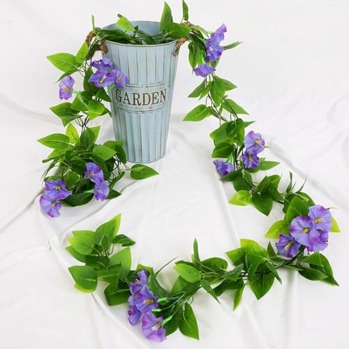 Fake Purple Morning Glory Plants, Artificial Hanging Vines Silk Flowers Decor Faux Ivy Plastic Greenery Garland Plant for Home Garden Yard Wall Fence Stairway Wedding Party Baskets Decoration 2 Pack - color: Morning Glory Vines - Purple 2 Pcs