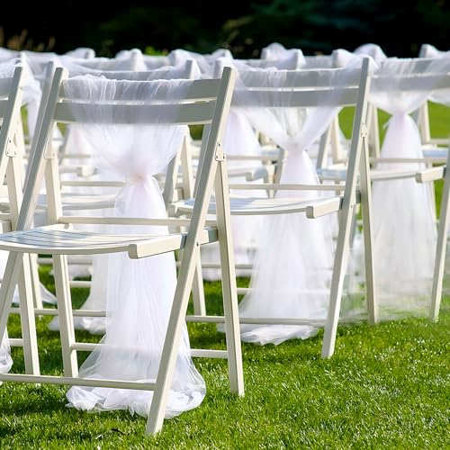 20 Sets Wedding Aisle Decorations, 39.4 Inches Artificial Silk Rose Flowers with Long Tulle Tails for Church Pew Chair Bench, Ceremony Reception Party Bridal Shower Arrangements - White - color: White