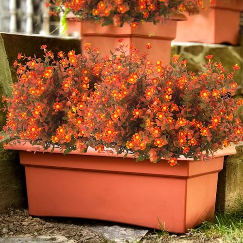 Grunyia 12 Bundles Artificial Fall Flowers No Fade Faux Autumn Plants, Fake Indoor Outdoor Greenery Decorations for Thanksgiving Christmas Wedding Party Home Garden Fireplace Décor (Fall Red) - color: Fall Red