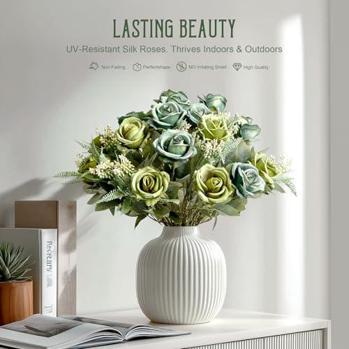 Fake Roses Green Roses Artificial Roses Silk Roses Artificial Roses with Stems 24 Full Flower Heads Faux Roses for Outdoor Indoor Centerpieces home Wedding Farmhouse Decoration No Vase(4PCS,Green) - color: Green 4pcs