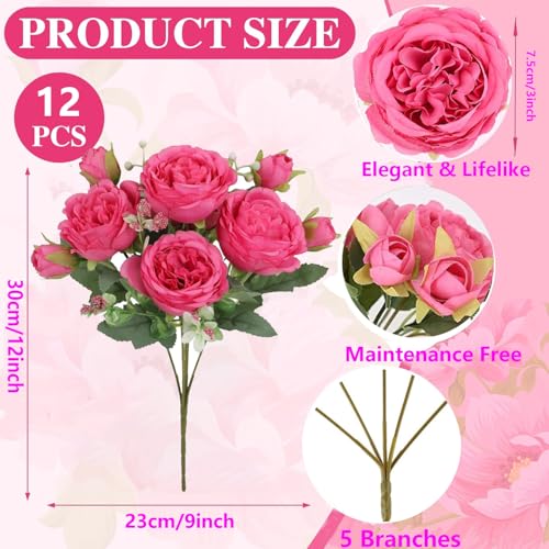 Peonies Artificial Flowers 12 Bundles Pink Flowers Bouquet, Lifelike Silk Fake Peonies with Stems for Home Table Centerpieces, Wedding, Party & DIY Bridal Floral Arrangements (Rose red) - color: Rose Red