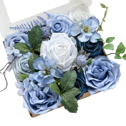 Ling's moment Fake Flowers Box, Artificial Faux Greenery Stems Silk Peony Foam Rose for Wedding Bouquets Centerpieces Table Decorations Backyard Floral Arrangement, Dusty Blue & Ivory, Mini Combo - color: Dusty Blue & Ivory