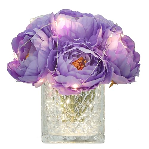 Artificial Peony Silk Flower Centerpieces with LED Light Faux Floral Arrangement in Glass Vase for Home Wedding Table Decoration (Purple) - color: Light-purple