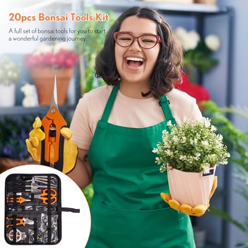 Bonsai Tools Kit 20 Pcs Garden Tools Set for Beginner, Gardening Gift for Women Men, Includes Bonsai Wire Kit, Plant Mat, Pruning Shears, Bonsai Scissors, Succulent Tools in Leather Storage Bag - style: Orange