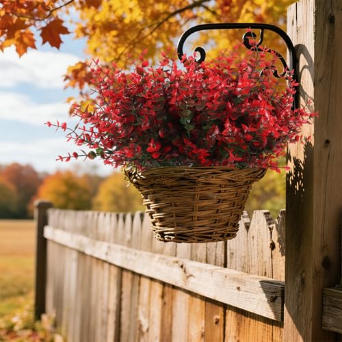 RECUTMS Fake Outdoor Flowers Artificial Spring Plants No Fade Faux Plants Plastic Greenery Fake Eucalyptus Faux boxwoods for Outdoor Planters Kitchen Office Wedding Home Garden Decoration(Red) - color: Red Eucalyptus, size: 12 Pcs