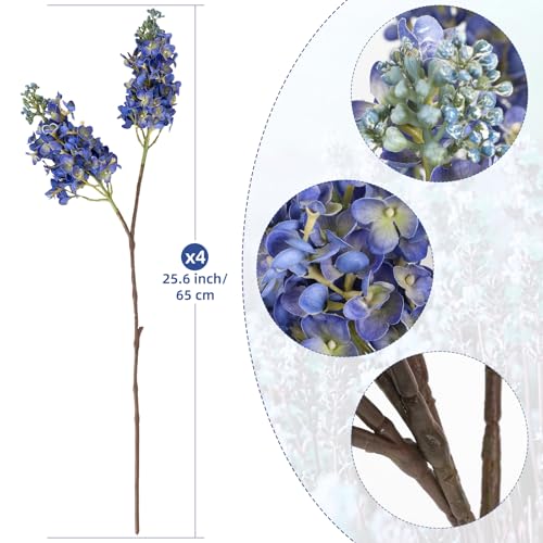 4PCS 25.6inch Lilac Artificial Flowers Blue Fake Delphinium Long Stem Real Touch Flower Faux Lilac Floral Arrangement for Tall Vase Table Centerpieces Wedding Garden Home Decoration（Blue） - color: 25.6inch Blue
