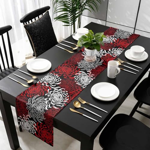 Floral Table Runner-Red Black White Cotton linen-Small 36 inche Dresser Scarves,Flower Tablerunner for Kitchen Coffee/Dining Table Bedroom Home Living Room,Scarf Decor for Summer Spring Holiday Dinner - color: Texturezld1111, size: 13x36 Inch