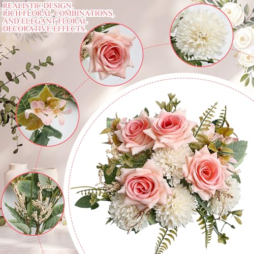 White Pink Artificial Mum Flowers 12 Bundles Silk Chrysanthemum Flowers Fake Roses with Eucalyptus, Realistic Faux Peonies for Vase Arrangement, Home Decor, Wedding Table Centerpiece - color: White Pink