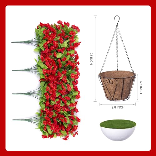 Ammyoo Artificial Faux Hanging Flowers Basket for Spring Summer Outdoor Outside Porch Decoration, Fake Silk Colorful Morning Glory Eucalyptus UV Resistant Look Real for Home Patio Balcony Yard(Red) - color: Red