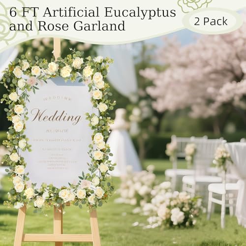 Lewondr Artificial Eucalyptus Garland with Flower, 2Pack 13FT Faux Floral Greenery Garlands Fake Flowers Vines, Maintenance-Free for Wedding Table Backdrop Party Centerpiece Room Decor, Champagne - color: Champagne Color, size: 2 Pack