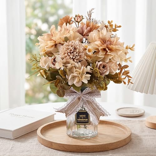CEWOR Fake Flowers in Vase, Artificial Flowers with Vase Faux Silk Floral Arrangement Table Centerpieces Decor for Home Office Dining Farmhouse Coffee Table Living Room Bathroom Plant Decor .Brown - color: Brown