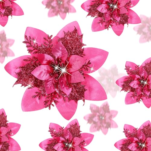 Geosar 36 Pcs Christmas Glitter Artificial Poinsettia Flowers Xmas Poinsettia Artificial Wedding Flowers Decorations Xmas Tree Ornaments with Clips for Party, 6 Inch, 4 Inch, 3 Inch(Peach Red) - color: Peach Red