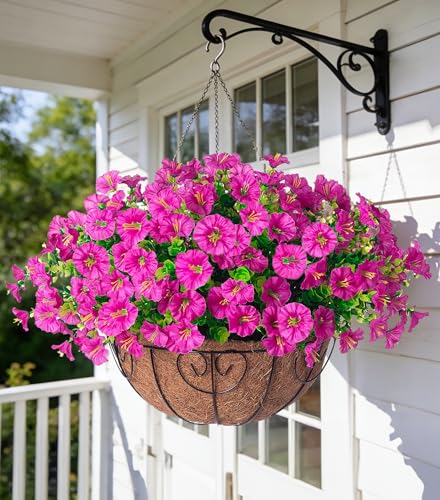 Ivydale Artificial Silk Hanging Plants Flowers Basket for Outdoor Outside Summer Decoration, Fake Faux UV Sun Resistant Look Real Morning Glory Fuchsia for Porch Patio Balcony Home - color: Fuchsia