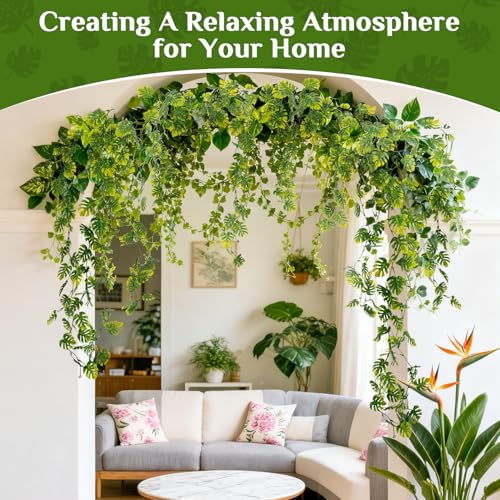 RAINFLOW 4PCS Faux Greenery Leaf Garland - 5.9Ft Artificial Monstera Leaves Vines, Tropical Palm Leaves Ivy Vine Monstera Garland for Table Wall Stairs Porch Wedding Hawaiian Jungle Themed Party Decro - size: 5.9Ft