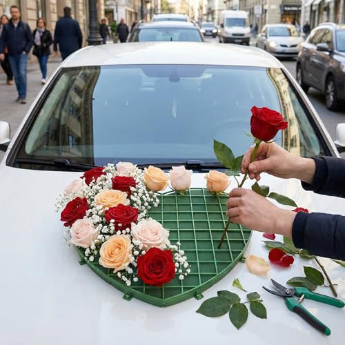 Goaste 4 Pack Heart-Shaped Floral Foams, Large Green Florist Foam with Suction Cup Tray, Wet Flower Mud Blocks, Green Florist Sponge Bricks for Wedding Car Decoration, DIY Flower Arrangement