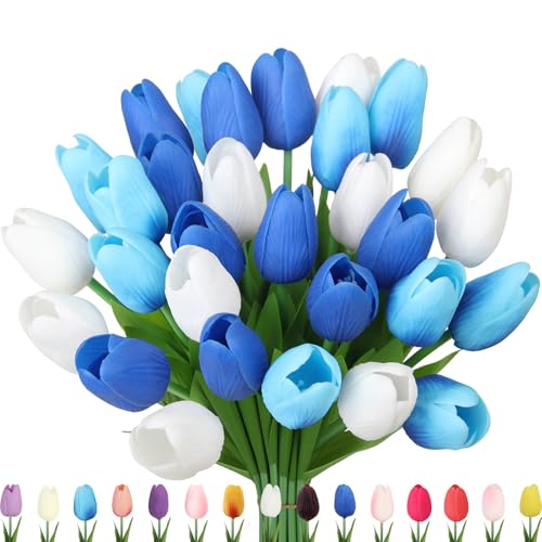 Artificial Tulips Flowers Fake Latex Tulip Stems - 30pcs Real Touch Faux Multicolor Tulips Flower for Easter Spring Wedding Bouquet Centerpiece Floral Arrangement Cemetery Table Decor - color: Dark Blue, White, Light Blue