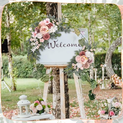 2 Pcs Wedding Arch Decorations - Reusable Artificial Hanging Flowers Floral Swag Greenery Garland for Wedding Welcome Sign Backdrop Bridal Ceremony Reception Backdrop Decoration(Soft Pink) - color: Soft Pink+blush Pink+dusty Rose+coral-peach+white,