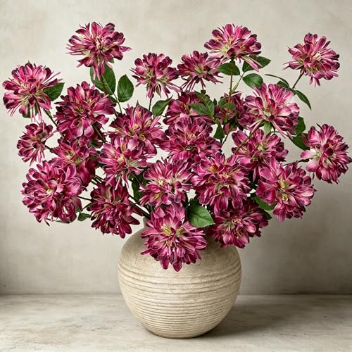5 Pcs 27" Artificial Silk Flowers for Vase, Realistic Faux Floral Arrangement with Long Stems, Fake Rosa Banksiae Flower DIY for Wedding Centerpiece, Home Party Indoor Vase Decor - Red - color: Plum