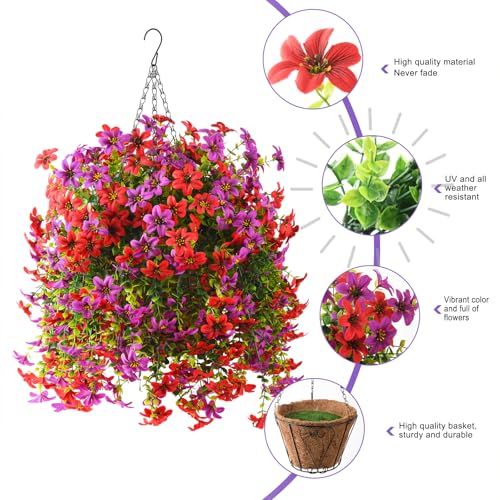 Artificial Hanging Baskets Outdoor, 4 Bundles Artificial Hanging Flowers Outdoors Spring Summer Decoration, No Fade Realistic Fake Hanging Baskets for Porch Patio Balcony Home Yard Decor - color: Red Purple