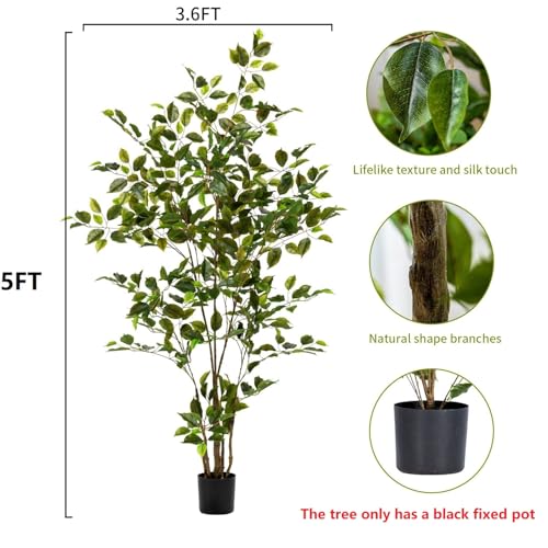 Bailikang Artificial Ficus Tree Indoor 5ft, Large Potted Faux Tree with Realistic Silk Leaves & Trunk for Home Office, Living Room Corner Decor - color: Green, size: 5ft