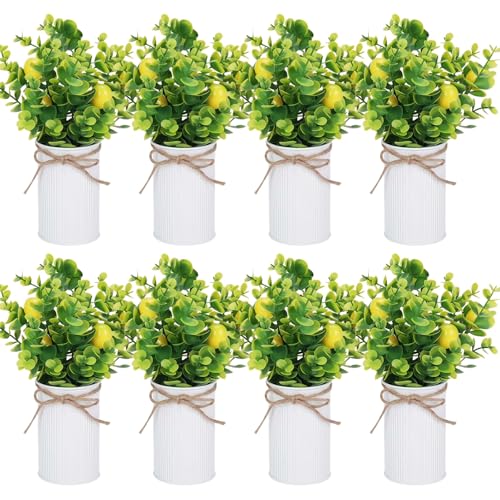 8 Pcs 11.02 Inch Faux Lemon Potted Plants, Realistic Artificial Lemon Trees in Metal Pots for Table Centerpieces, Kitchen Decor & Farmhouse Style, Indoor/Outdoor Use
