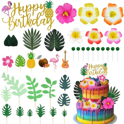 45 Pcs Hawaiian Cake Decorations Summer Flower Cake Toppers with Turtle Leaves and Hibiscus Flower Palm Leaf for Tropical Hawaiian Beach Luau Themed Birthday Party Supplies - color: Hawaiian Faux