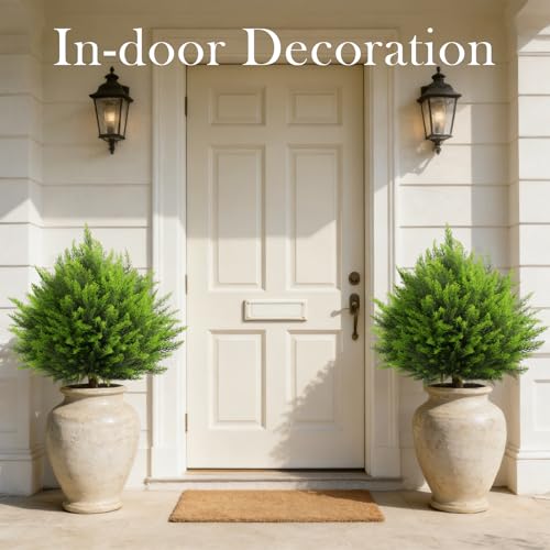 24" Artificial Ceder Topiary Trees, UV Resistant Faux Plants Shrubs Bushes Fake Greenery Plants for Front Door Indoor Outdoor Home Decor with Metallic Spike - color: Cedar Ball Tree