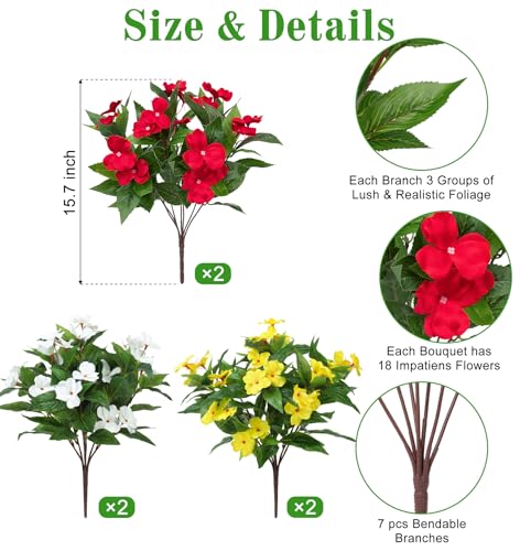 Artificial Flowers for Outdoors Decorations, 6 Bundles Realistic Impatiens Silk Faux Flowers UV Resistant Fake Plants for Outside Pot Patio Garden Porch Planters Window Box Balcony Indoor Home Decor - color: Multi Color