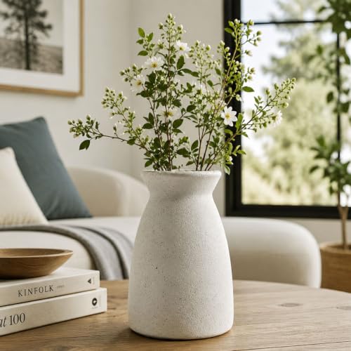 hjn Frosted White Ceramic Vase Modern Minimalist Table Centerpiece, Round Smooth Flower Holder for Living Room, Shelf, Mantel, Wedding & Home Decor -Cream-7" H - color: Frosted White-7inch