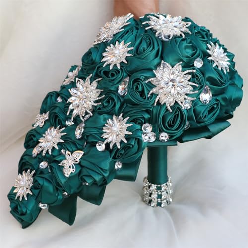 Luxury Cascade Bridal Wedding Bouquet Satin Rose Waterfall Holding Bouquet Artificial Flower Bunch for Bride Bridesmaid(Dark Green, 17.3" x 8.7") - color: Dark Green #1, size: 17.3"L x 8.7"W(44cm x 22cm)