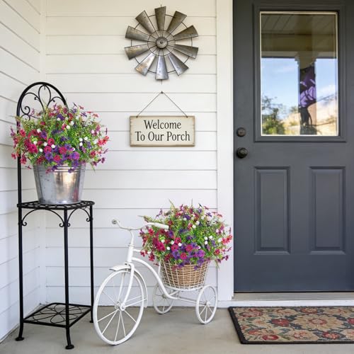 Ammyoo Artificial Flowers for Outdoors Spring Decoration, 12 Bundles Fake Flower Daisy with Realistic Eucalyptus Leaves, Faux Plants for Greenery Boxwood Porch Patio Garden Pot Lawn - color: Purple Deep-purple Rose-red Purple-red White-boxwood Fern-grass